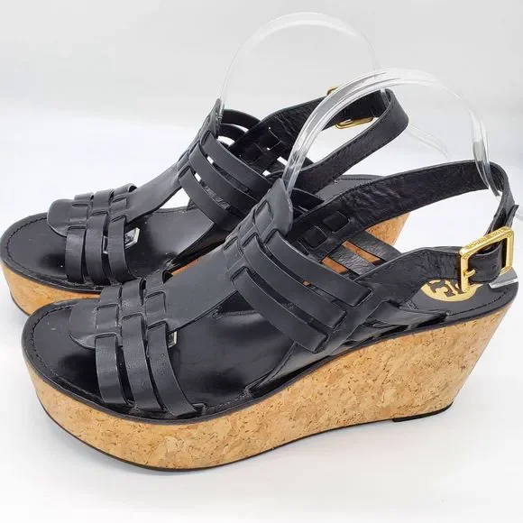 Tory Burch Leslie Black Strappy Cork Wedge Sandals - Picture 3 of 11
